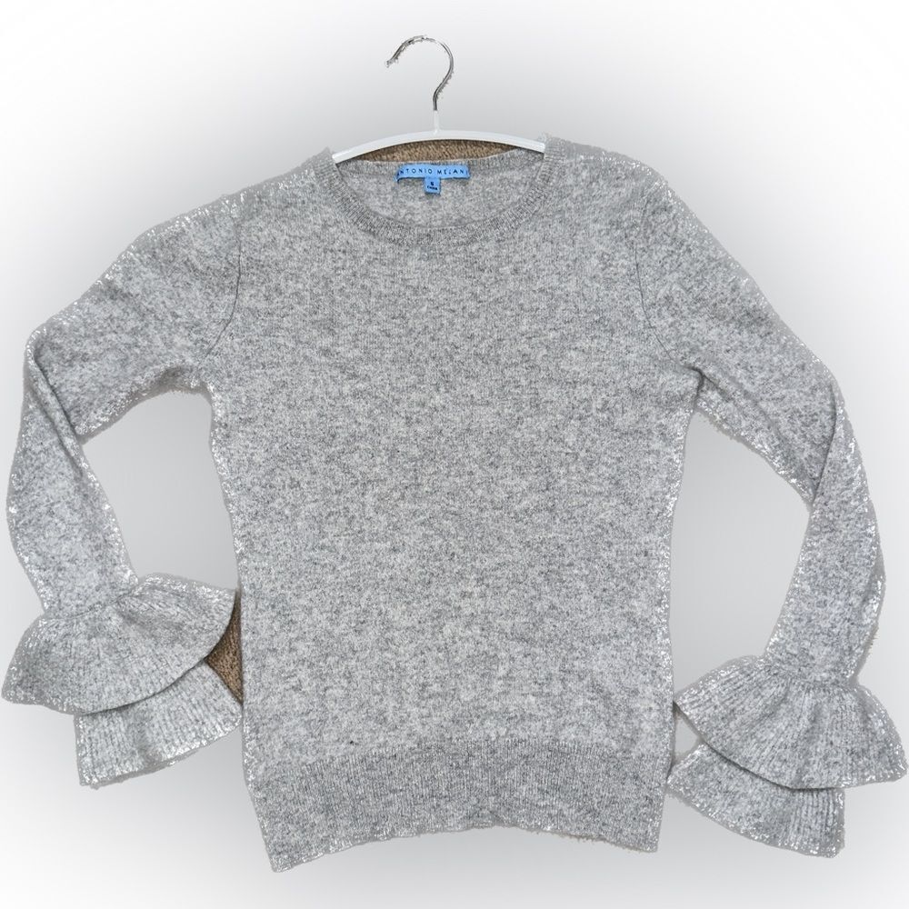 ANTONIO MELANI 100% Cashmere Gray Crew Neck Sweater with Ruffle Cuffs - Picture 2 of 7